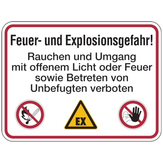 Hinweisschild, Feuer- u. Explosionsgefahr!, - 400x300x0.6 mm Aluminium geprägt