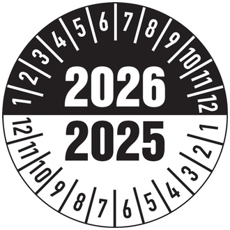 Prüfplakette 2025/2026 in weiß/schwarz - 30 mm, Folie selbstklebend