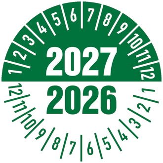 Prüfplakette 2026/2027 in weiß/grün - 30 mm, Folie selbstklebend