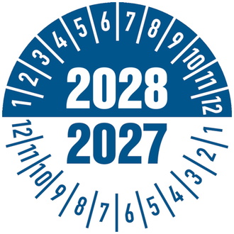 Prüfplakette 2027/2028 in blau/weiß - 30 mm, Folie selbstklebend