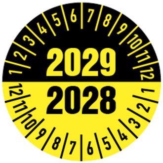 Prüfplakette 2028/2029 in gelb/schwarz - 30 mm, Folie selbstklebend