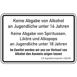 Aushang, Keine Abgabe von Alkohol an Jugend - 300x200x0.45 mm Aluminium geprägt