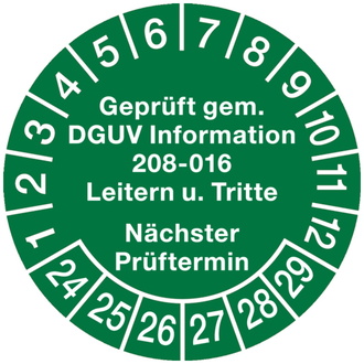 Prüfplakette ab 24 Geprüft gem. DGUV Information 208-01 - 30 mm, Folie selbstklebend