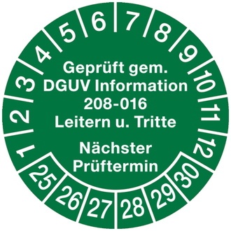 Prüfplakette ab 25 Geprüft gem. DGUV Information 208-01 - 30 mm, Folie selbstklebend