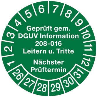 Prüfplakette ab 26 Geprüft gem. DGUV Information 208-01 - 30 mm, Folie selbstklebend