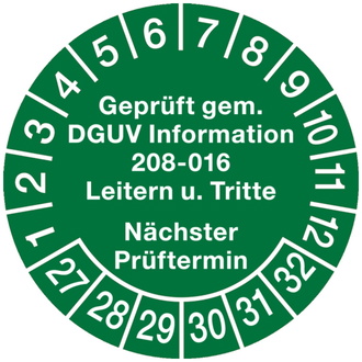 Prüfplakette ab 27 Geprüft gem. DGUV Information 208-01 - 30 mm, Folie selbstklebend