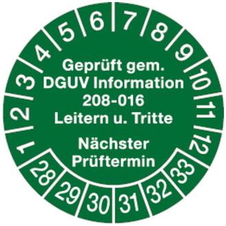 Prüfplakette ab 28 Geprüft gem. DGUV Information 208-01 - 30 mm, Folie selbstklebend