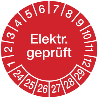 Prüplakette Elektr. geprüft ab 24 rot/weiß - 30 mm DokumentenFolie selbstklebend