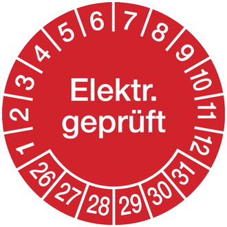 Prüplakette Elektr. geprüft ab 26 rot/weiß - 30 mm DokumentenFolie selbstklebend