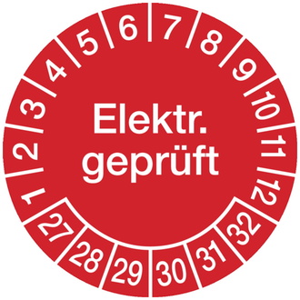 Prüplakette Elektr. geprüft ab 27 rot/weiß - 30 mm DokumentenFolie selbstklebend