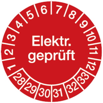 Prüplakette Elektr. geprüft ab 28 rot/weiß - 30 mm DokumentenFolie selbstklebend