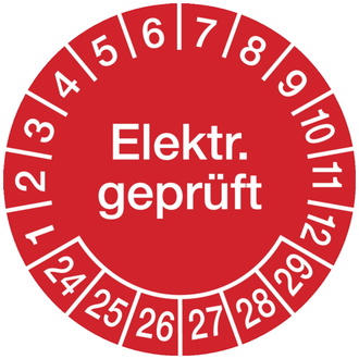 Prüfplakette Elektr. geprüft ab 24 rot/weiß - 20 mm, Folie selbstklebend