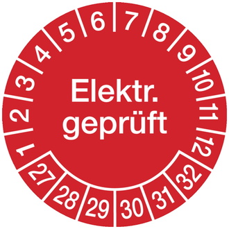 Prüfplakette Elektr. geprüft ab 27 rot/weiß - 20 mm, Folie selbstklebend