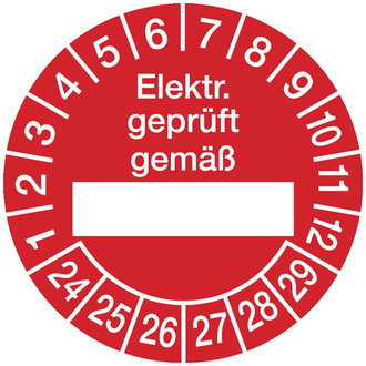 Prüfetikette Elektr. geprüft gemäß ab 24 rot/weiß - 30 mm, Folie selbstklebend