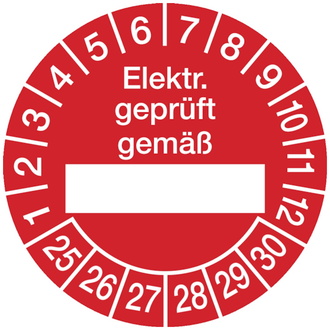 Prüfetikette Elektr. geprüft gemäß ab 25 rot/weiß - 30 mm, Folie selbstklebend