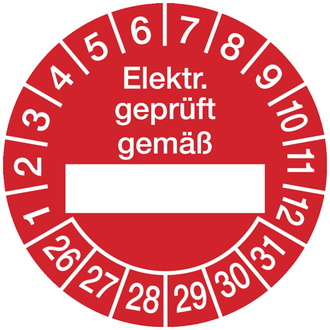 Prüfetikette Elektr. geprüft gemäß ab 26 rot/weiß - 30 mm, Folie selbstklebend