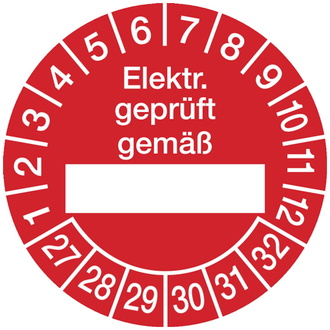 Prüfetikette Elektr. geprüft gemäß ab 27 rot/weiß - 30 mm, Folie selbstklebend