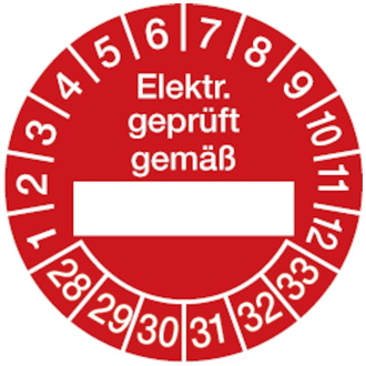 Prüfetikette Elektr. geprüft gemäß ab 28 rot/weiß - 30 mm, Folie selbstklebend