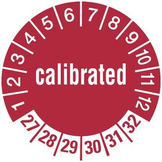 Prüfetikett calibrated ab 27 rot/weiß - 30 mm, Folie selbstklebend