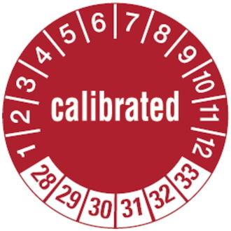 Prüfetikett calibrated ab 28 rot/weiß - 30 mm, Folie selbstklebend