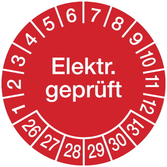 Prüfplakette Elektr. geprüft ab 26 rot/weiß - 30 mm, Folie selbstklebend