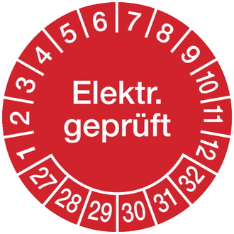 Prüfplakette Elektr. geprüft ab 27 rot/weiß - 30 mm, Folie selbstklebend