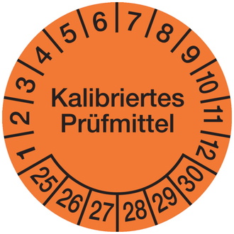 Prüfplakette, Kalibriertes Prüfmittel, orange/schwarz, - 30 mm, Folie selbstklebend