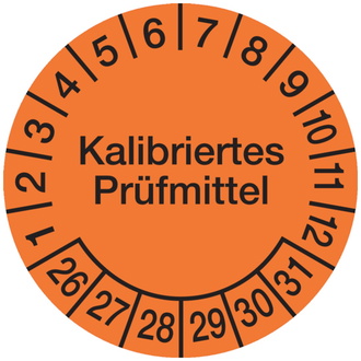 Prüfplakette, Kalibriertes Prüfmittel, orange/schwarz, - 30 mm, Folie selbstklebend