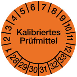 Prüfplakette, Kalibriertes Prüfmittel, orange/schwarz, - 30 mm, Folie selbstklebend