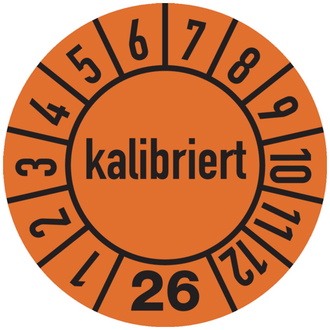 Jahresprüfplakette, kalibriert, orange/schwarz, Folie, - 10 mm, Folie selbstklebend