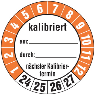 Etikett kalibriert am: /durch:, ab 24 orange/schwarz/wei - 35 mm, Folie selbstklebend