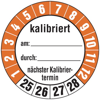 Etikett kalibriert am: /durch:, ab 25 orange/schwarz/wei - 35 mm, Folie selbstklebend