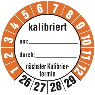 Etikett kalibriert am: /durch:, ab 26 orange/schwarz/wei - 35 mm, Folie selbstklebend