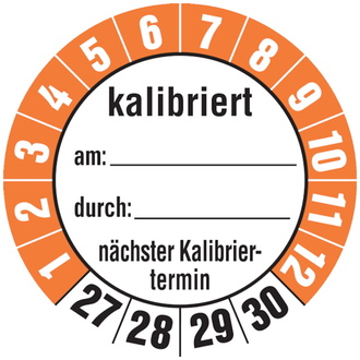 Etikett kalibriert am: /durch:, ab 27 orange/schwarz/wei - 35 mm, Folie selbstklebend