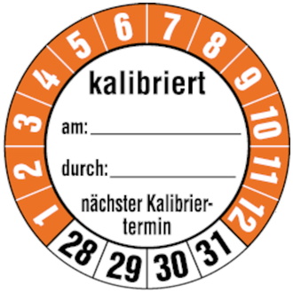 Etikett kalibriert am: /durch:, ab 28 orange/schwarz/wei - 35 mm, Folie selbstklebend