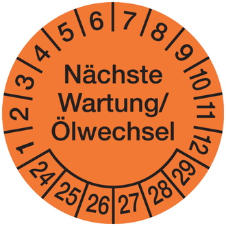 Prüfplakette, Wartung/Ölwechsel Ø 30mm - Bogen = 10 Pla - 30 mm, Folie selbstklebend