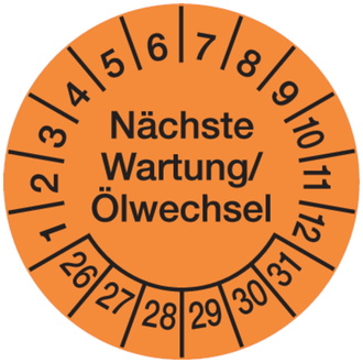 Prüfplakette, Wartung/Ölwechsel Ø 30mm - Bogen = 10 Pla - 30 mm, Folie selbstklebend