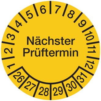 Prüfplakette Nächster Prüftermin ab 26 gelb/schwarz - 30 mm, Folie selbstklebend