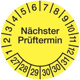 Prüfplakette Nächster Prüftermin ab 27 gelb/schwarz - 30 mm, Folie selbstklebend