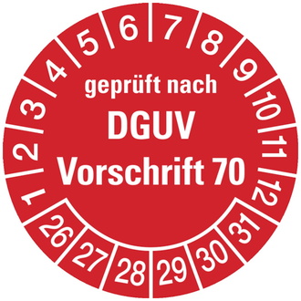 Prüfplakette geprüft nach DGUV Vorschrift 70 ab 26 rot/ - 30 mm, Folie selbstklebend