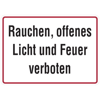 Hinweisschild, Rauchen, offenes Licht und Feuer verboten - 350x250x0.45 mm Aluminium geprägt