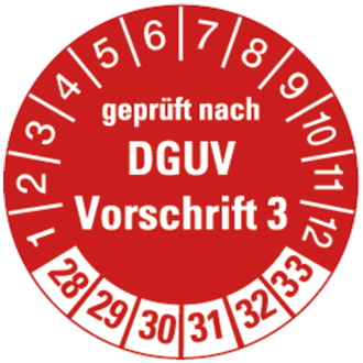 Prüfplakette geprüft nach DGUV Vorschrift 3 ab 28 in ro - 30 mm, Folie selbstklebend