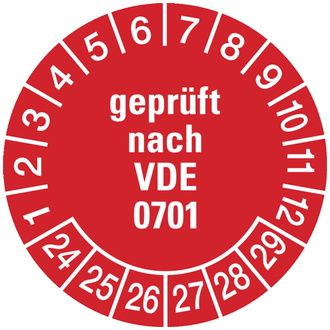 Prüfplakette geprüft nach VDE 0701 ab 24 rot/weiß - 30 mm, Folie selbstklebend