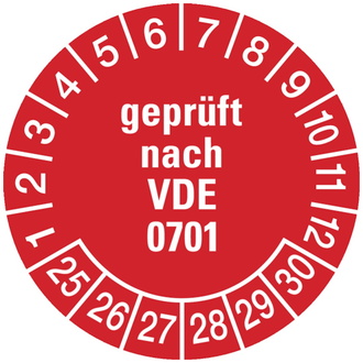 Prüfplakette geprüft nach VDE 0701 ab 25 rot/weiß - 30 mm, Folie selbstklebend