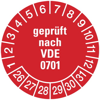 Prüfplakette geprüft nach VDE 0701 ab 26 rot/weiß - 30 mm, Folie selbstklebend