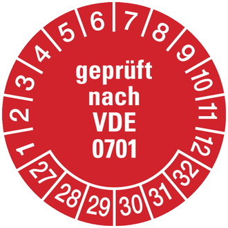 Prüfplakette geprüft nach VDE 0701 ab 27 rot/weiß - 30 mm, Folie selbstklebend