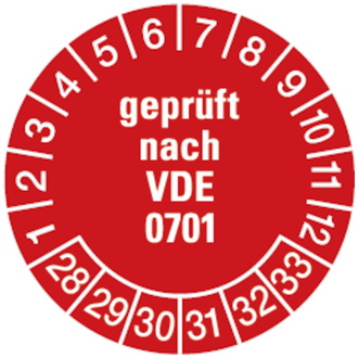 Prüfplakette geprüft nach VDE 0701 ab 28 rot/weiß - 30 mm, Folie selbstklebend