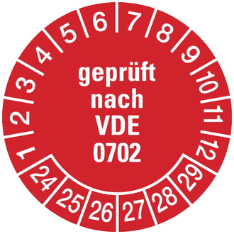 Prüfplakette geprüft nach VDE 0702 ab 24 rot/weiß - 30 mm, Folie selbstklebend