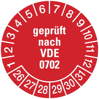 Prüfplakette geprüft nach VDE 0702 ab 26 rot/weiß - 30 mm, Folie selbstklebend