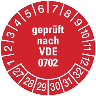 Prüfplakette geprüft nach VDE 0702 ab 27 rot/weiß - 30 mm, Folie selbstklebend